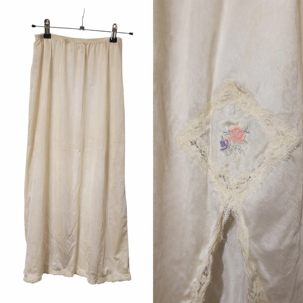 VTG Ivory Cream Midi Lace Half Slip Skirt Back Slit Babydoll S Nylon Lorraine